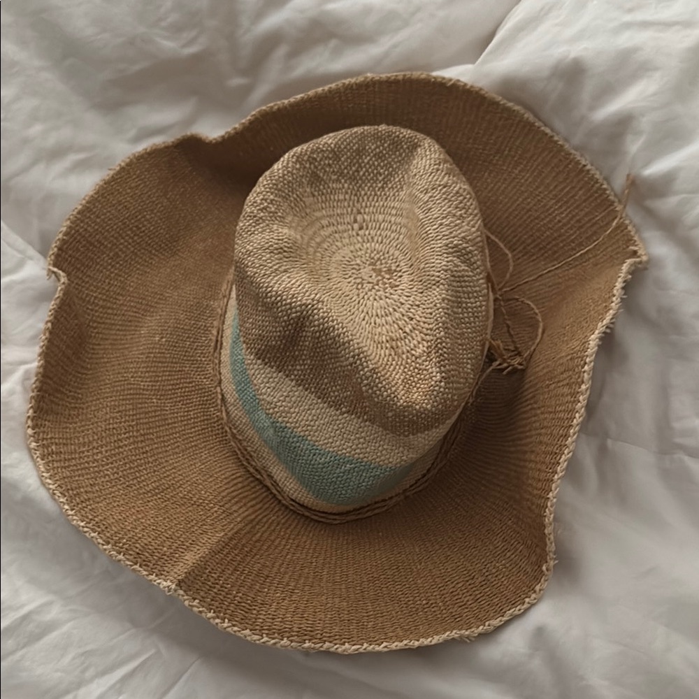 Tan and Blue Wide-Brimmed Sun Hat for Outdoor Adventures